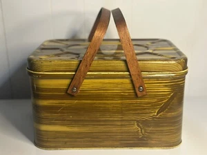 VTG Metal Picnic Basket Brown Faux Wood Grain Yellow Box Wood Handles READ - Picture 1 of 10