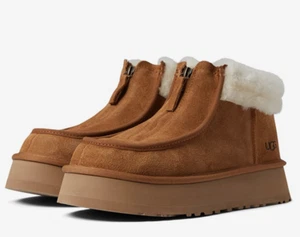 UGG Funkette Low Platform Boots Zip Ankle Booties Chestnut Brown Fur Trim Sz 12 - Picture 1 of 6