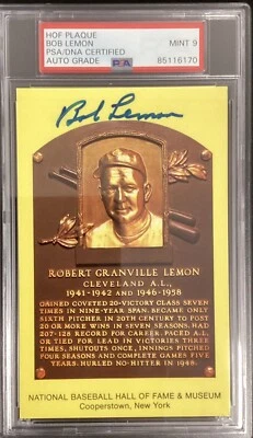 Bob Lemon Signed Gold Plaque HOF Postcard Yellow Indians PSA/DNA Auto 9 - Image 1 of 2