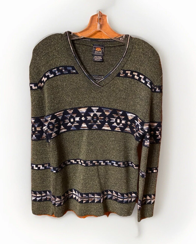 Suéter elástico vintage Route 66 verde oliva/azul con diseño azteca ajustado LG Foto 1 de 4