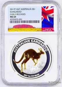 2017 P Australia GILDED Silver Kangaroo NGC MS 69 1 oz Coin w/OGP gilt NEW LABEL - Picture 1 of 3