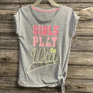 So girls L 10 short sleeve grey T-shirt tie side “girls play to win” graphic - Picture 1 of 6