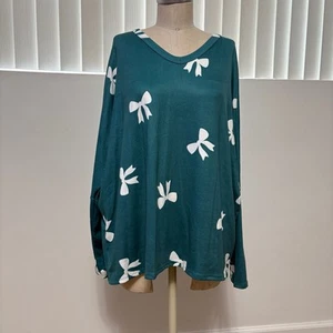 Hopely Women's Green Bow Print Long Sleeve V-neck Top 1XL NWT - Picture 1 of 5