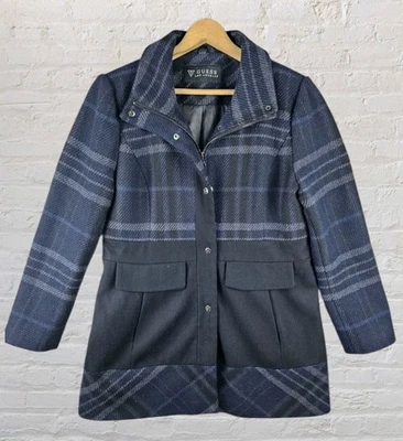 Abrigo Guess Los Angeles Mezcla de Lana Azul a Cuadros Abrigo Guisante Academia Para Mujer XL Foto 1 de 4