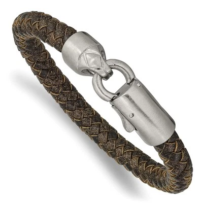Stainless Steel Brushed Brown Braided Leather Men's Bracelet 8.25" - Image 1 of 4