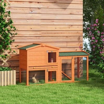 PawHut Rabbit Hutch, Guinea Pig Hutch 2 Tier w/ Run & Tray, Asphalt Roof - Image 1 of 4