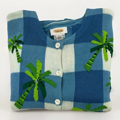 Cárdigan grande con botones Talbots azul a cuadros para mujer apliques de palmera verde Foto 1 de 4