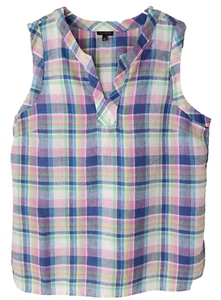 Talbots 100% Linen Top L Blue Pink Green Plaid Notch Neck Sleeveless Slits - Picture 1 of 10