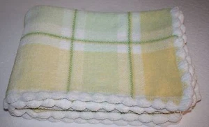First Impressions Plaid Chenille Baby Blanket Green Yellow White Scalloped Edge - Picture 1 of 6