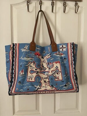 Bolso de Mano/Bolso de Hombro Tory Burch Náutico Nylon/Cuero Fin de Semana Azul/Marrón/Multi Foto 1 de 4