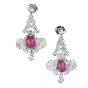 Vintage Estate Edwardian Art Deco Platinum Star Ruby Pave Diamond Drop Earrings - Picture 1 of 5