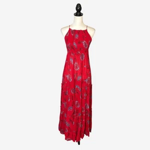 Free People Intimately Maxi Dress Size S Red Garden Party Floral Tiered Smocked - Picture 1 of 12