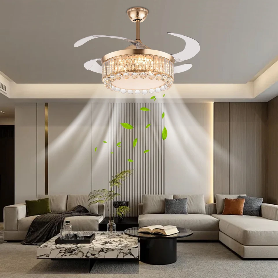 42 Inch Gold Ceiling Fan with Light, Remote Retractable Fandelier Ceiling Fan - Image 1 of 4