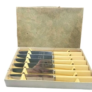 VTG Set of 6 Buss Stainless Steel Butterscotch Bakelite Handle Butter Knives Box - Picture 1 of 9