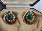 Antique 9 Ct Gold Earrings On Clips Pearls And Green Turquoise London 1966 G And Tj