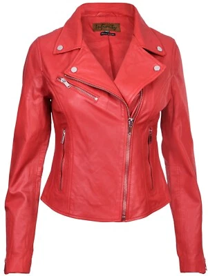 Ladies Leather Jacket Classic Biker Style Red Real Leather Womens Jacket - Image 1 of 4