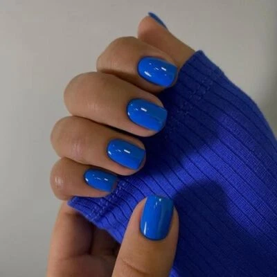 Azul Press on Nails Curto Quadrado Curto Unhas Falsas Cola Curto Azul Brilhante - Imagem 1 de 4