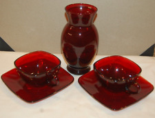 VINTAGE RUBY RED ANCHOR HOCKING GLASS CUP SQUARE SAUCER AND VASE EUC NICE SHAPE