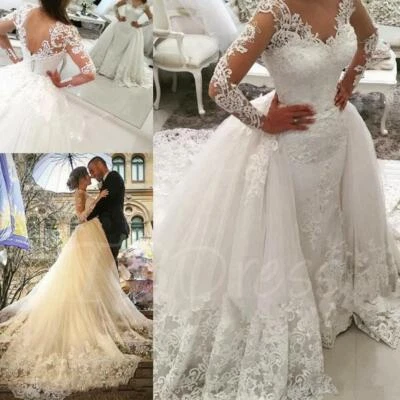 Dubai Mermaid Wedding Dresses With Detachable Train Skirt Full Sleeves Backless - Image 1 of 4