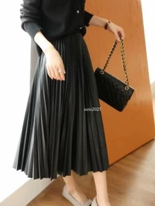 Womens Mid Long Real Leather Sheepskin Pleated Skirt Ladies Autumn Winter OL New - Picture 1 of 20