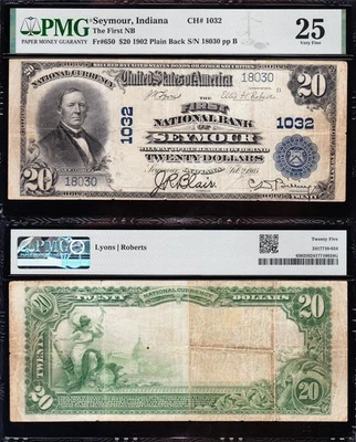 Nice *RARE* Bold & Crisp VF 1902 $20 SEYMOUR, IN National Banknote! PMG 25! - Image 1 of 3