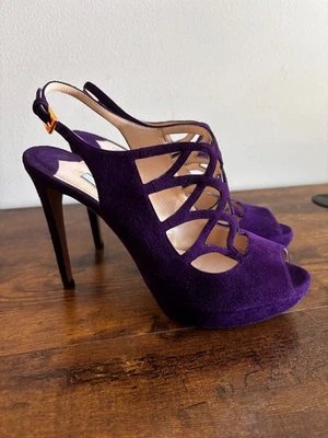 Sandalias Prada Púrpura Corte Láser Jaula Gamuza Cordón Plataforma - Talla 40 Foto 1 de 4