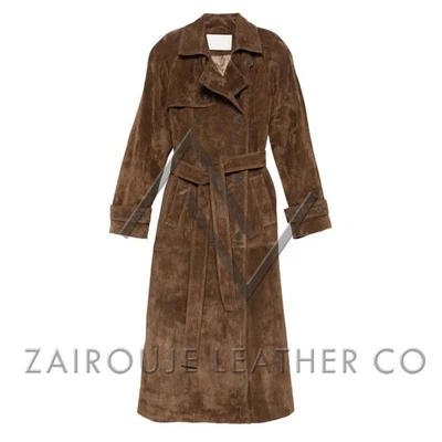 Brown Suede Trench Coat for Women, Real Leather Belted Long Old Money Outerwear - Image 1 of 4