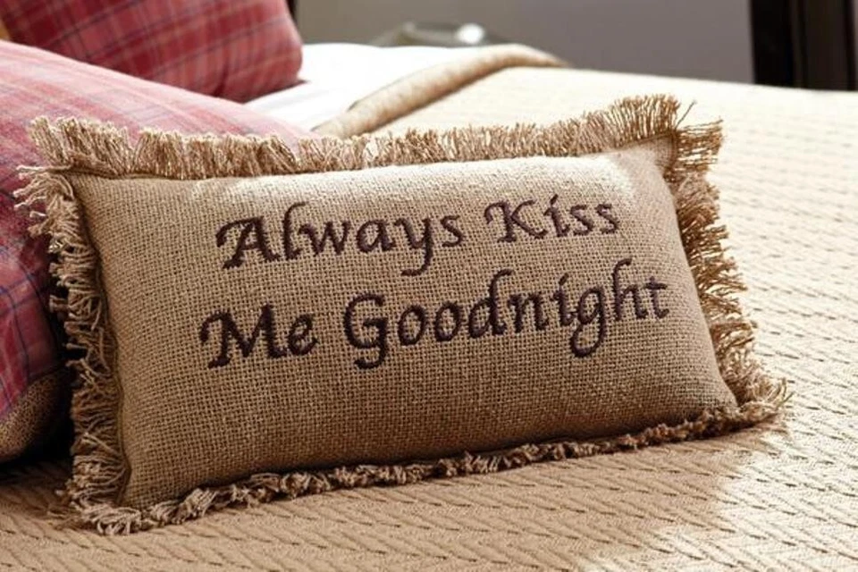 New Rustic Country Farmhouse ALWAYS KISS ME GOODNIGHT Burlap Pillow - Image 1 of 1