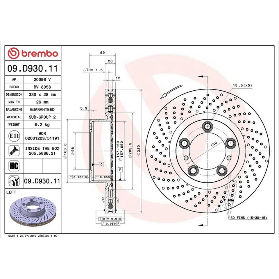 Brembo Prime Line UV Coated Vented Brake Disc - Drilled 09.D930.11 Fits Porsche - Изображение 1 из 2