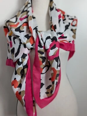 Vintage Large White Black Red Magenta Trim Silk Square Scarf Beach Wrap 42x42" - Image 1 of 4