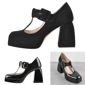 Zapatos de salón para mujer Onlymaker con correa en T gruesos con hebilla punta redonda plataforma tacón alto - Imagen 1 de 18