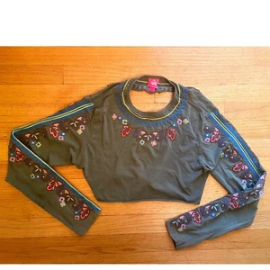 Embroidered Crop Top Long Sleeve Olive Green Bohemian Style Top Size L - Picture 1 of 4