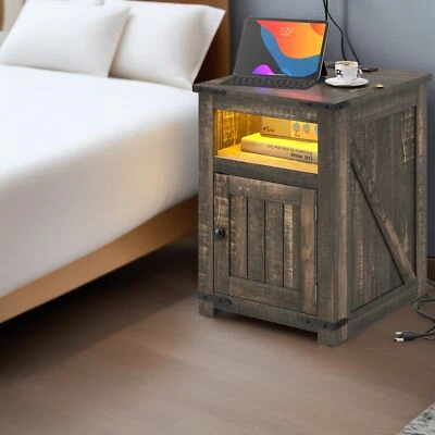 LED Nightstand Side End Table with Charging Station & Adjustable Shelf Bedroom - Image 1 of 4