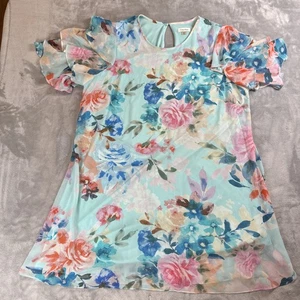 Calvin Klein Damen Kleid Plus 22W Blumen blau grün Rüschenärmel Polyester - Bild 1 von 5