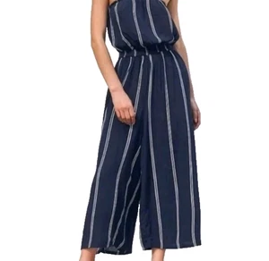 Libby Edelman Navy Blue Striped Strapless Wide Leg Romper Jumpsuit ~ M M3020 - Picture 1 of 17