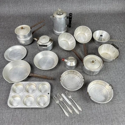 Vintage Children's Aluminum Kitchen Cookware Lot Coffee Pot Muffin Pan Baking - Image 1 of 4
