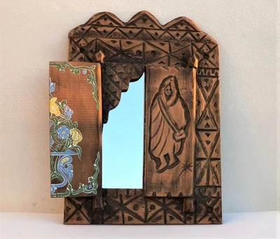 Handmade Moroccan Mirror with Wooden Doors – Rustic Window Frame Decor - Photo 1/4