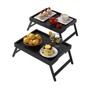 Bed Tray Table with Folding Legs,Bamboo Breakfast in Bed for Kitchen Black - Picture 1 of 8