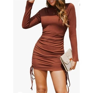 Cupshe Women's Mini Dress Size M Brown Ruched Drawstring Bodycon NWT - Picture 1 of 13