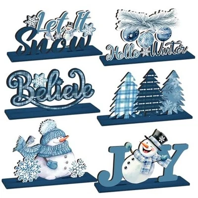  6 Piezas Invierno Madera Mesa Decoraciones Copo de Nieve Muñeco de Nieve Madera Invierno Estilo Foto 1 de 4