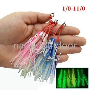 5 Pack Double Assist Hooks With Squid Skirts Jig Octopus Squid Snapper Jigs Hook - Picture 1 of 8