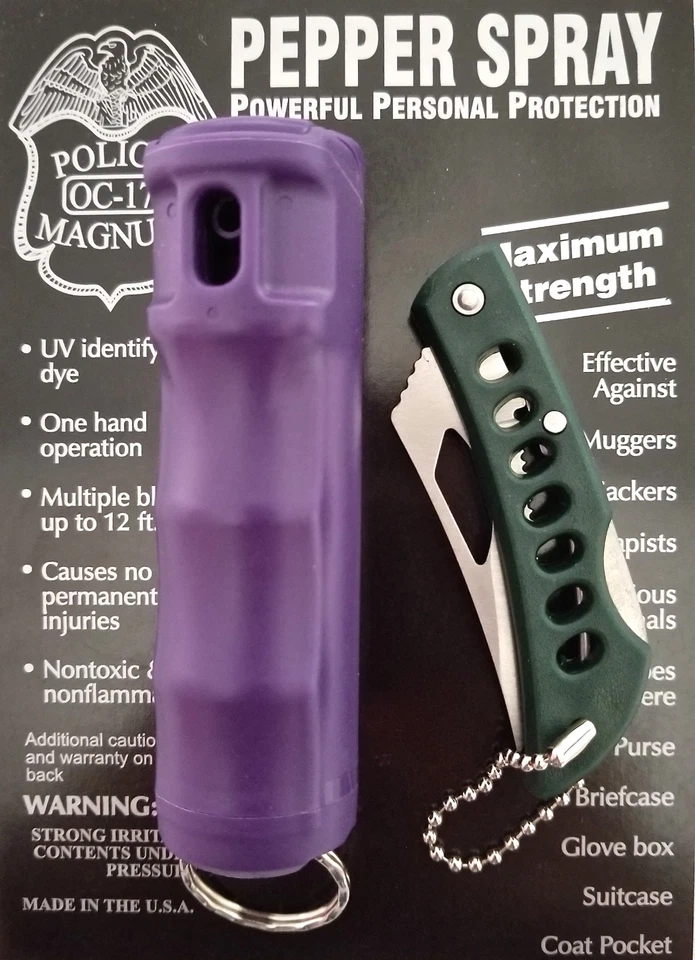 Police Magnum pepper spray 1/2oz Purple Flip Top Keychain Pocket Knife Security