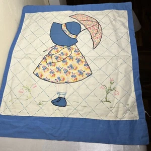 vintage 1930s doll quilt handmade Girl Umbrella Blue Border - Picture 1 of 4
