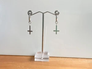 Inverted Cross Hoops Earrings Silver or Black Jewelry Mens Hip Hop Goth Punk - Picture 1 of 10