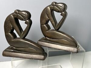 Antique Art Deco Kneeling Lowey Design?Stylized Nude Lady Bookends Bronze Cubism