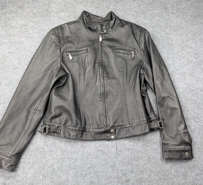 Hugo Buscati Leather Jacket Womens Large Moto Black Classic Biker 90s Staple - Image 1 of 4
