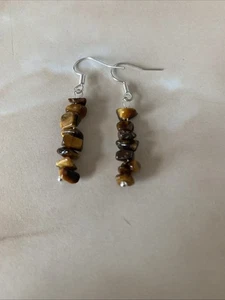Tigers Eye Chip Gemstone Silver Plated Drop Dangle Earrings - Picture 1 of 4