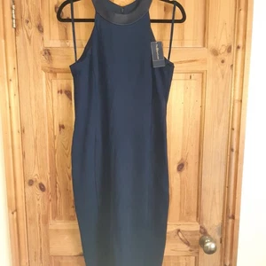 Polo Ralph Lauren Navy Blue Halter Bodycon Dress Size 8 Bnwt Leather Accents - Picture 1 of 8
