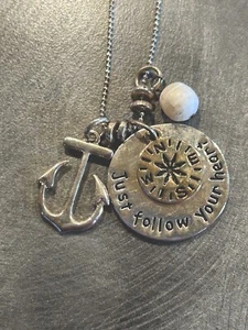 Anchor Necklace Compass Just Follow Your Heart Silver -plated & Pearl Nautical - Picture 1 of 4