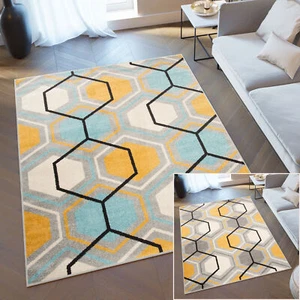 Alfombra salón de pelo corto patrón geométrico moderno gris crema diseño amarillo - Imagen 1 de 17